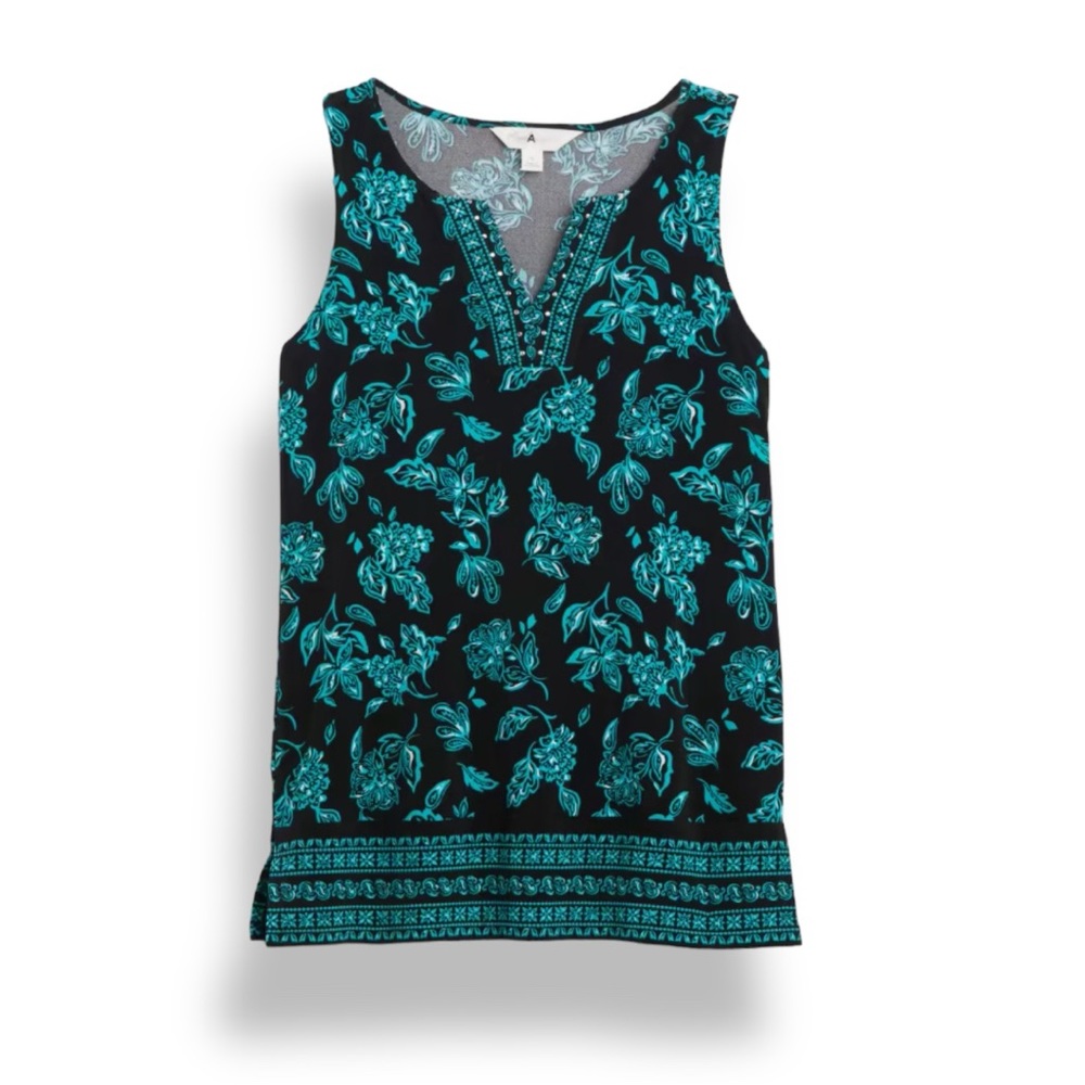 StitchFix Split Neck STUDDED Tank TOP M Black Blue Floral Celine